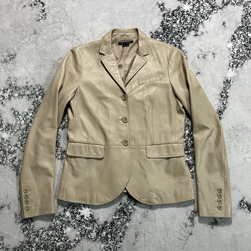 Theory Leather Blazer Jacket Womens Sz 8 Beige Tan Tailored Classic Capsule Soft